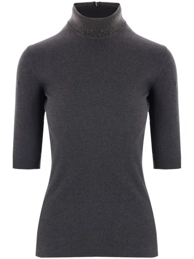 Brunello Cucinelli Monili-detail Ribbed Top In Grey
