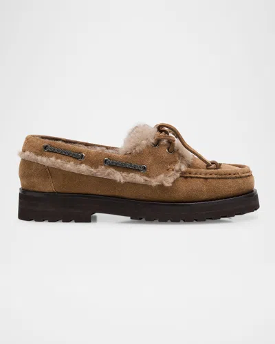 Brunello Cucinelli Monili Detail Shearling-lined Suede Boat Shoes In Brown
