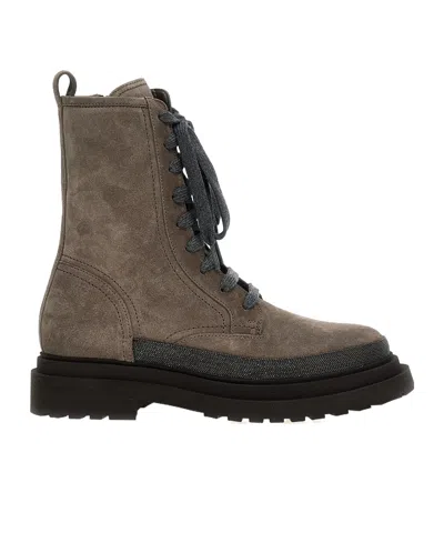 Brunello Cucinelli Bead-embellished Suede Combat Boots In Brown
