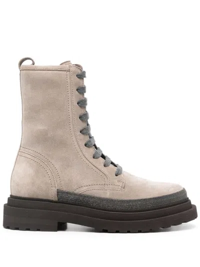Brunello Cucinelli Monili-detail Suede Boots In Silver