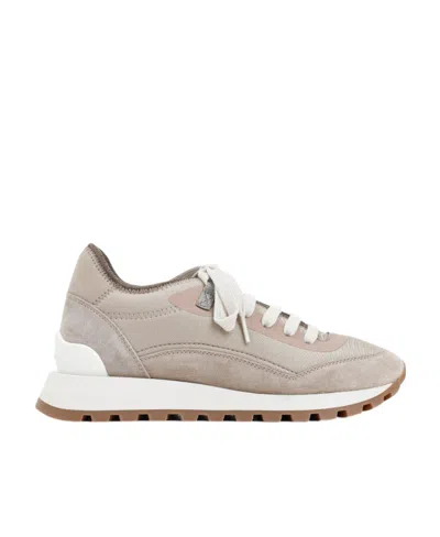 Brunello Cucinelli Monili-detail Suede Sneakers In Nude
