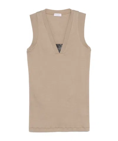 BRUNELLO CUCINELLI BRUNELLO CUCINELLI RIBBED HEM V-NECK TOP