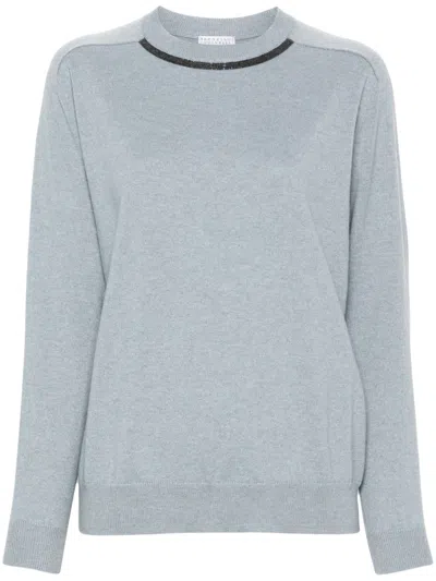 Brunello Cucinelli Monili Detailed Knitted Sweater In Blue