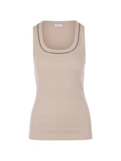 Brunello Cucinelli Monili-embellished Fine-ribbed Tank Top In Neutral