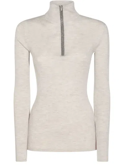 Brunello Cucinelli Monili-embellished Half-zip Sweater In Neutrals