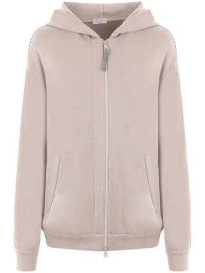 Brunello Cucinelli Monili-embellished Cotton-silk Hoodie In Neutrals