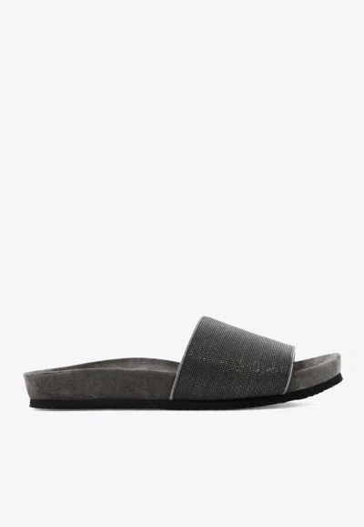 Brunello Cucinelli Monili Embellished Leather Slides In Gray