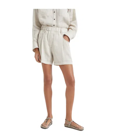 Brunello Cucinelli Monili-embellished Linen Shorts In White