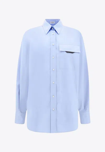 Brunello Cucinelli Monili Embellished Long-sleeved Shirt In Blue