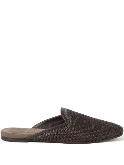 BRUNELLO CUCINELLI MONILI-EMBELLISHED RAFFIA SLIPPERS