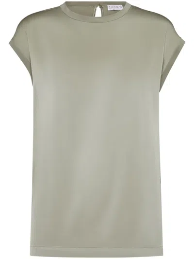 Brunello Cucinelli Monili-embellished Satin T-shirt In Green