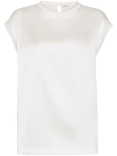 Brunello Cucinelli Women Stretch Silk Satin T-shirt With Monili In Shell