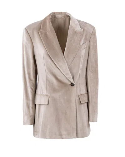 Brunello Cucinelli Monili Embellished Sleek Velvet Blazer In Beige