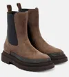 Brunello Cucinelli Chelsea Suede Ankle Boots With Precious Contour In Brown