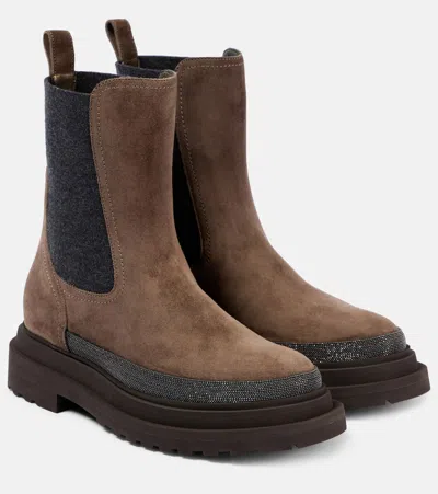 Brunello Cucinelli Monili-embellished Suede Chelsea Boots In Brown