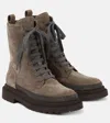 Brunello Cucinelli Bead-embellished Suede Combat Boots In Beige