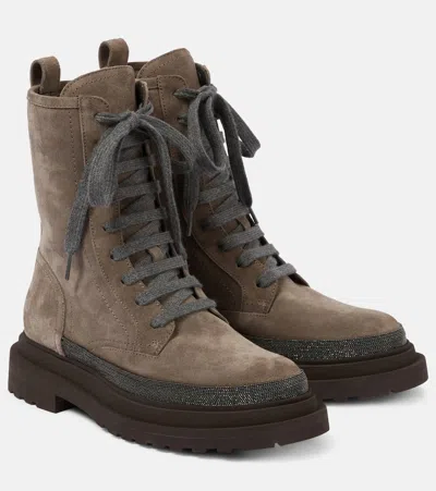 Brunello Cucinelli Monili-embellished Suede Combat Boots In Grey