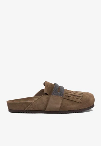 Brunello Cucinelli Monili Embellished Suede Flat Mules In Brown