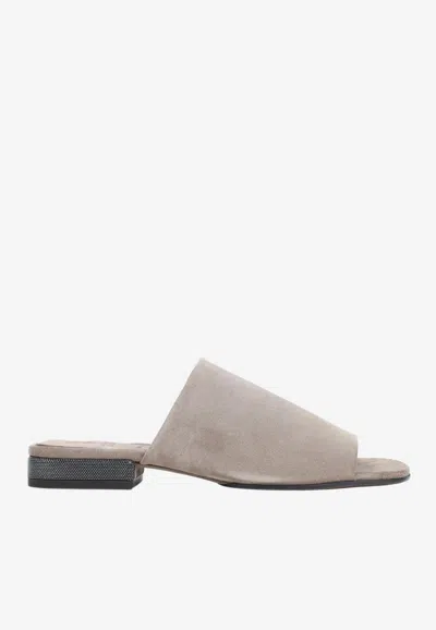 Brunello Cucinelli Monili-embellished Suede Flat Sandals In Gray