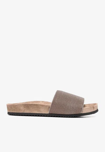 Brunello Cucinelli Monili Embellished Suede Flat Slides