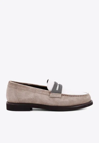 Brunello Cucinelli Monili Embellished Suede Penny Loafers In Multi