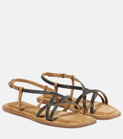 Brunello Cucinelli Verzierte Sandalen Aus Veloursleder In Medium Brown