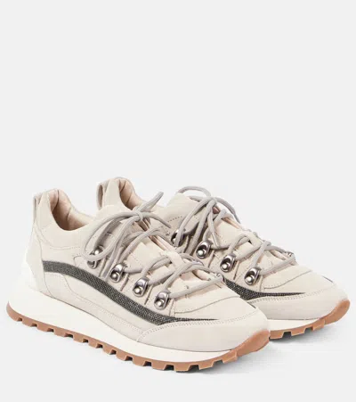 Brunello Cucinelli Monili Embellished Suede Sneakers In Grey
