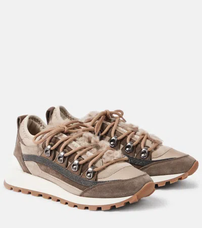 Brunello Cucinelli Monili-embellished Suede-trimmed Sneakers In Multicolor