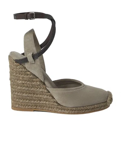 Brunello Cucinelli Monili-embellished Suede Wedge Sandals In Gray