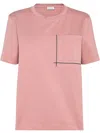 Brunello Cucinelli Pink Crewneck T-shirt With Monil Detail On The Front In Cotton Woman In Pink