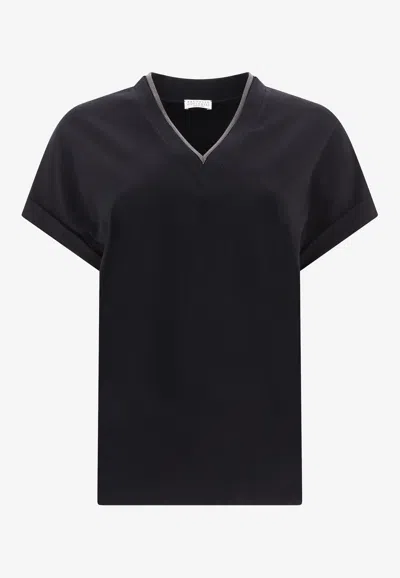 Brunello Cucinelli Monili Embellished V-neck T-shirt In Black