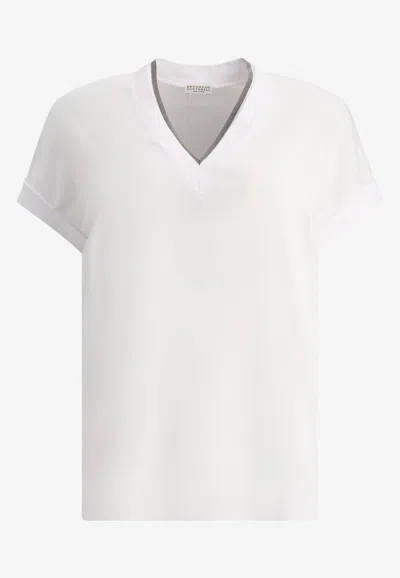 Brunello Cucinelli Monili Embellished V-neck T-shirt In White