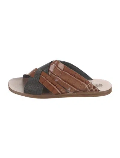 Pre-owned Brunello Cucinelli Monili Embossed Leather Slides In Brown