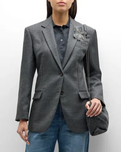 Brunello Cucinelli Monili Floral Crest Single-breasted Canvas Wool Jacket In C002 Dark Grey