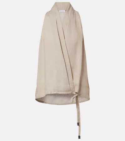 Brunello Cucinelli Monili Halterneck Linen Wrap Top In White