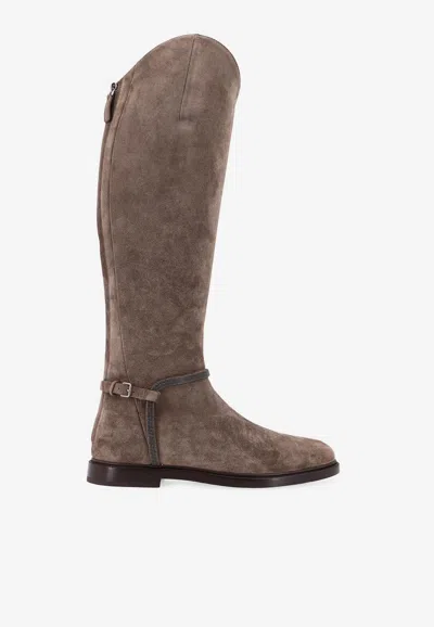Brunello Cucinelli Monili Knee-length Suede Boots In Brown