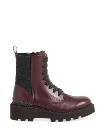Brunello Cucinelli Kids' Monili Lace-up Ankle Boots In Red