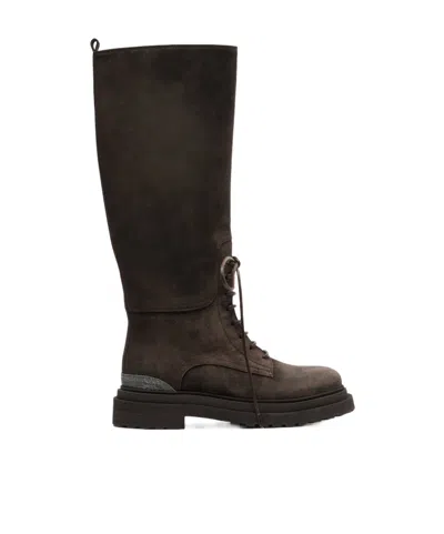Brunello Cucinelli Bead-embellished Suede Knee Boots In Brown