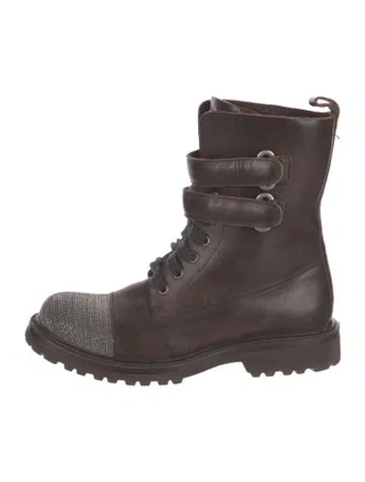 Pre-owned Brunello Cucinelli Monili Leather Combat Boots