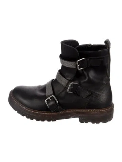 Pre-owned Brunello Cucinelli Monili Leather Combat Boots In Black