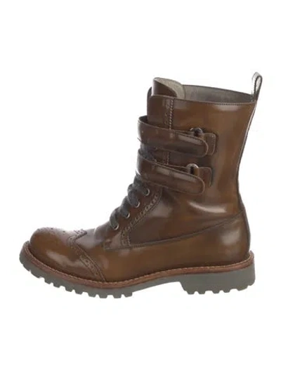 Pre-owned Brunello Cucinelli Monili Leather Combat Boots In Brown