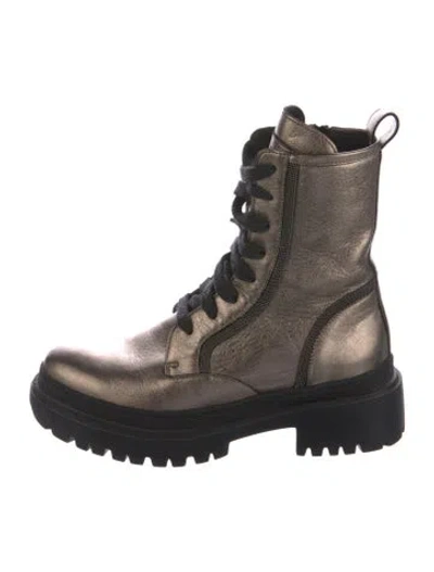 Pre-owned Brunello Cucinelli Monili Leather Combat Boots In Gold