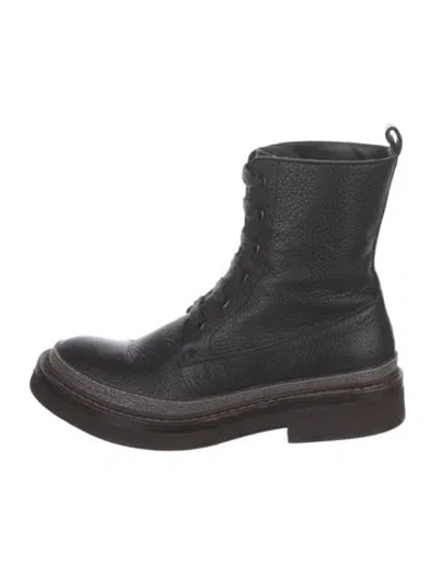 Pre-owned Brunello Cucinelli Monili Leather Combat Boots In Gray