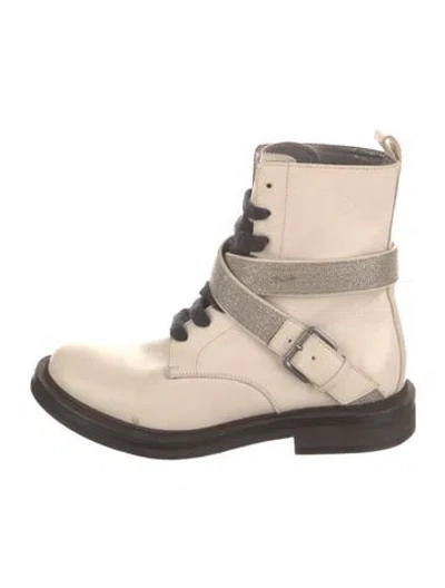 Pre-owned Brunello Cucinelli Monili Leather Combat Boots In Neutral