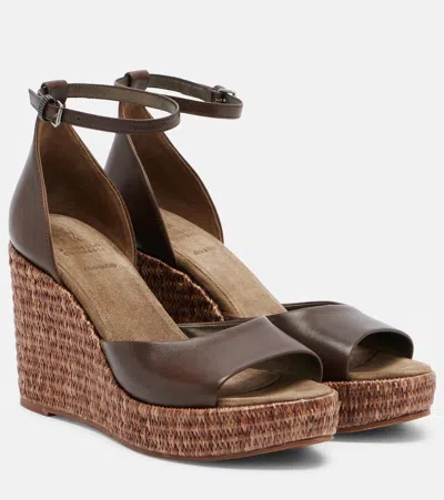 Brunello Cucinelli Embellished Leather Platform Wedge Espadrille Sandals In Brown
