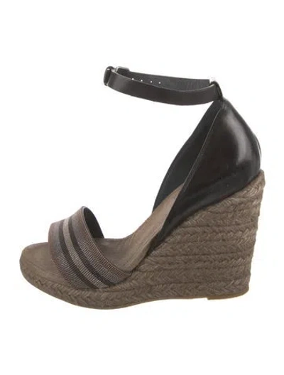 Pre-owned Brunello Cucinelli Monili Leather Espadrilles In Black