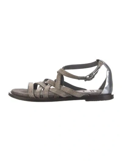 Pre-owned Brunello Cucinelli Monili Leather Gladiator Sandals In Metallic/silver