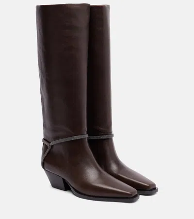 Brunello Cucinelli Monili Leather Knee-high Boots In Brown