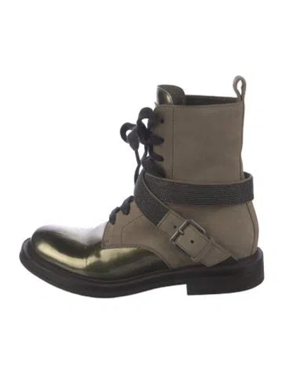 Pre-owned Brunello Cucinelli Monili Leather Lace-up Boots In Neutrals