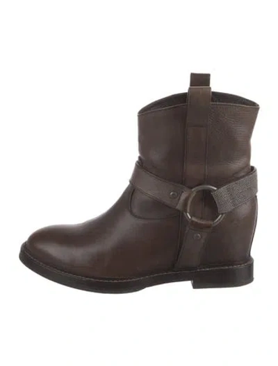 Pre-owned Brunello Cucinelli Monili Leather Moto Boots In Brown